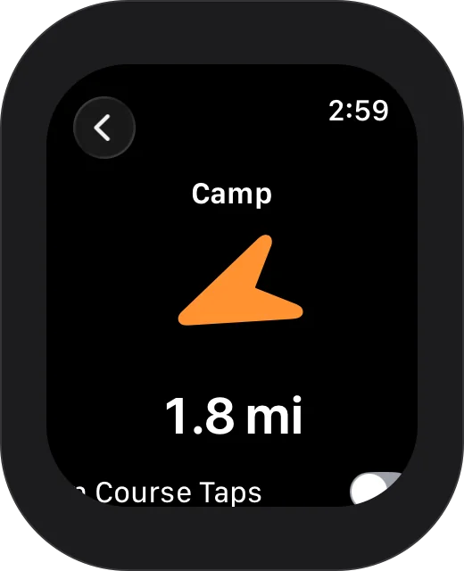 Apple Watch: a large orange arrow pointing to Camp, 1.8 mi away, with an On Course Taps switch