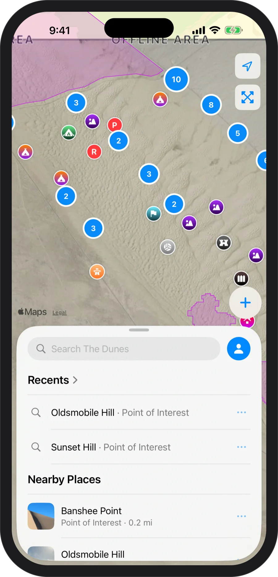 iPhone running Glamis Guide: the dunes map with camps, hills and landmarks, and the Nearby Places panel below