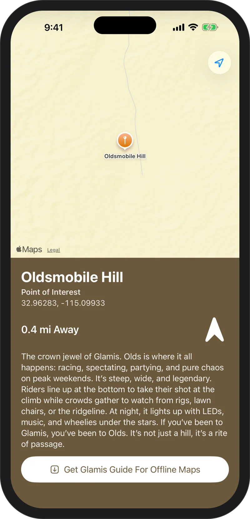 iPhone: the App Clip for a shared place: Oldsmobile Hill on a map, its distance away, an arrow pointing to it, and a button to get Glamis Guide for offline maps