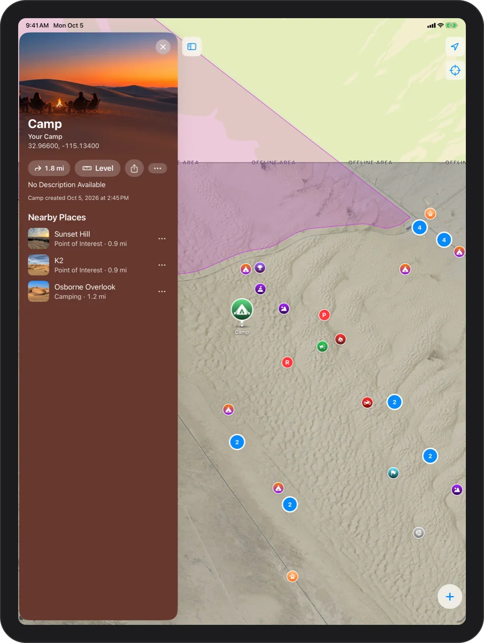 iPad: the camp card: a green tent pin labeled Camp on the map, with the camp photo, Your Camp, its coordinates, distance, Level and Share