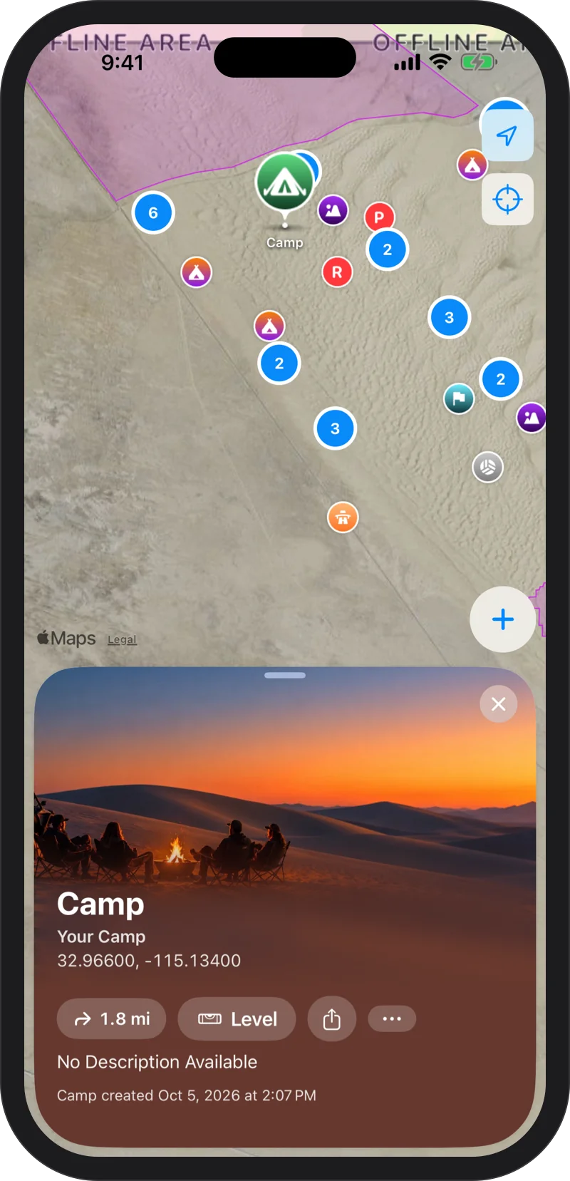 iPhone: the camp card: a green tent pin labeled Camp on the map, with the camp photo, Your Camp, its coordinates, distance, Level and Share