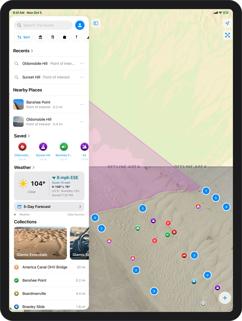 iPad: the map at the north edge of the dunes: the North Algodones Dunes Wilderness shaded purple, the Offline Area outline, and the Explore panel below