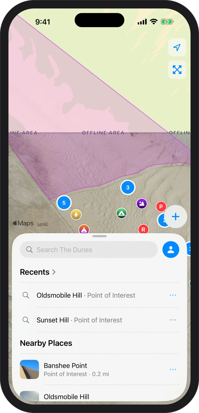 iPhone: the map at the north edge of the dunes: the North Algodones Dunes Wilderness shaded purple, the Offline Area outline, and the Explore panel below