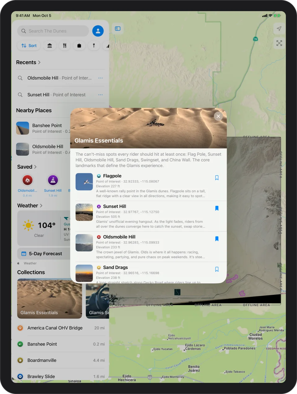 iPad: Glamis Essentials collection: Flag Pole, Sunset Hill, Oldsmobile Hill, Sand Drags, Swingset and China Wall, each with its own symbol