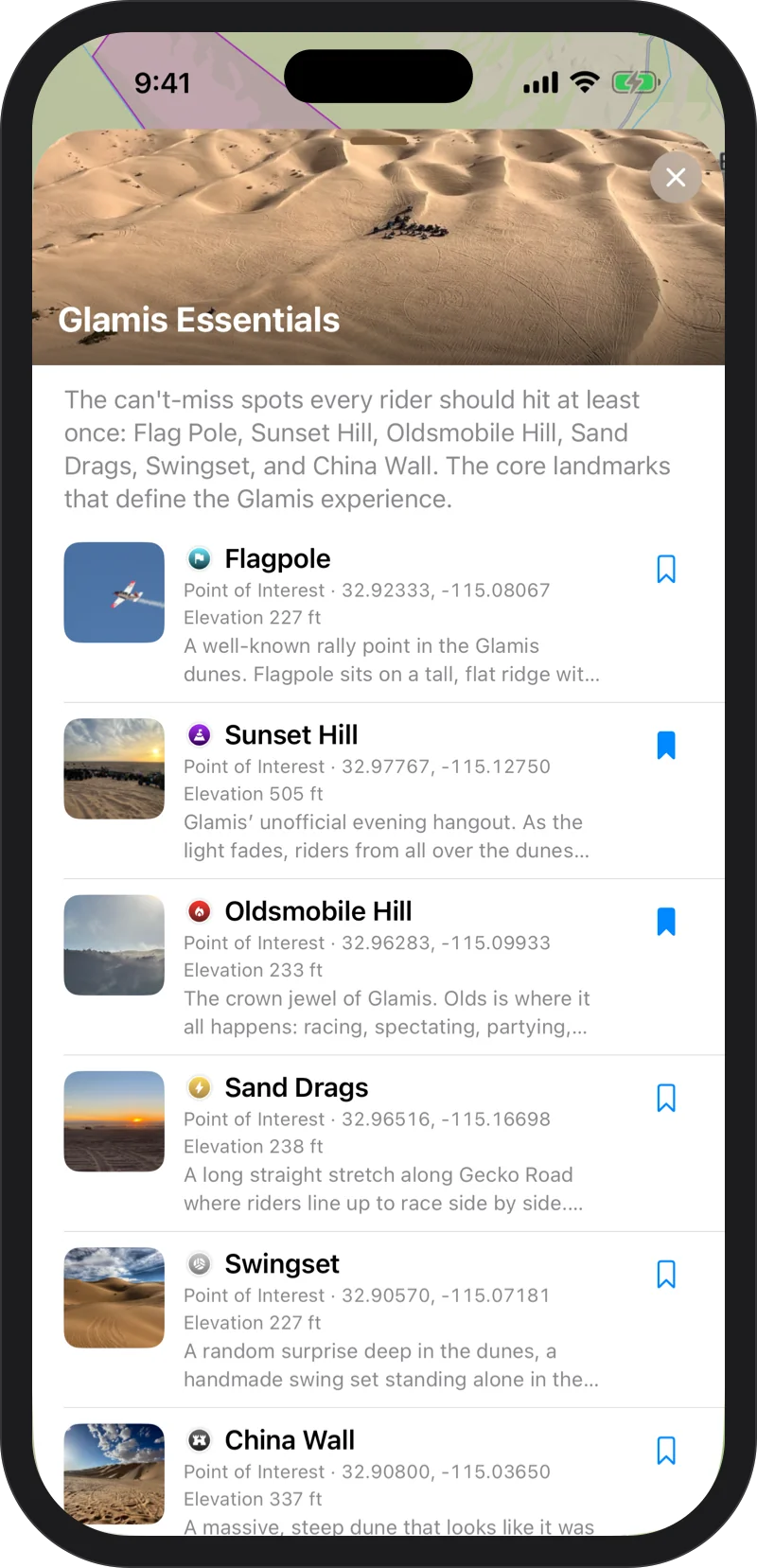 iPhone: Glamis Essentials collection: Flag Pole, Sunset Hill, Oldsmobile Hill, Sand Drags, Swingset and China Wall, each with its own symbol