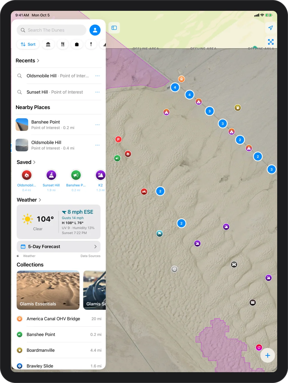 iPad: Explore panel with the Search The Dunes field, Recents, Nearby Places, Saved, the Weather card and Collections