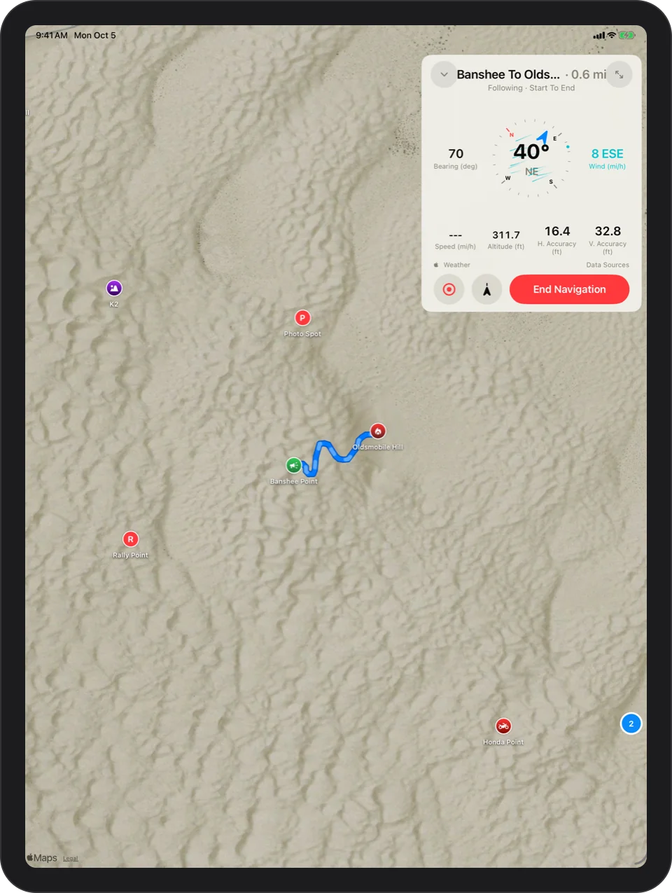 iPad: following a track start to end: the trail ahead in blue and the part already ridden faded