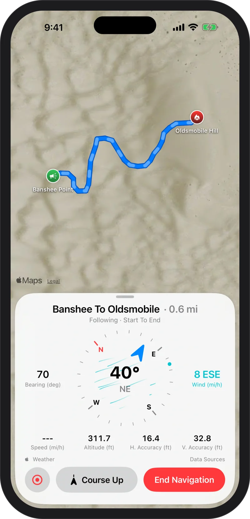 iPhone: following a track start to end: the trail ahead in blue and the part already ridden faded