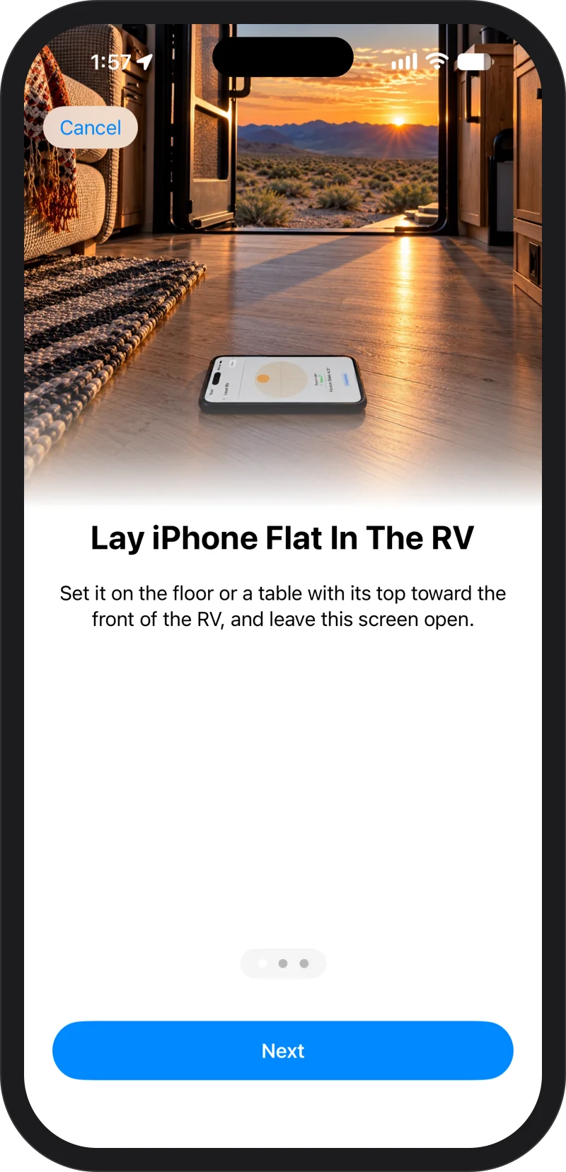 iPhone: Level RV on iPhone: Lay iPhone Flat In The RV, set it on the floor or a table with its top toward the front of the RV