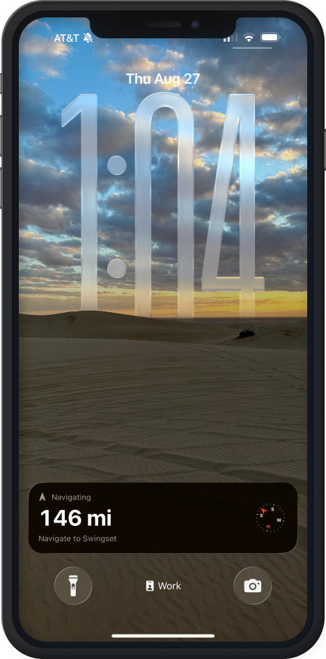 iPhone Lock Screen with a Glamis Guide Live Activity showing live distance and bearing to Swingset