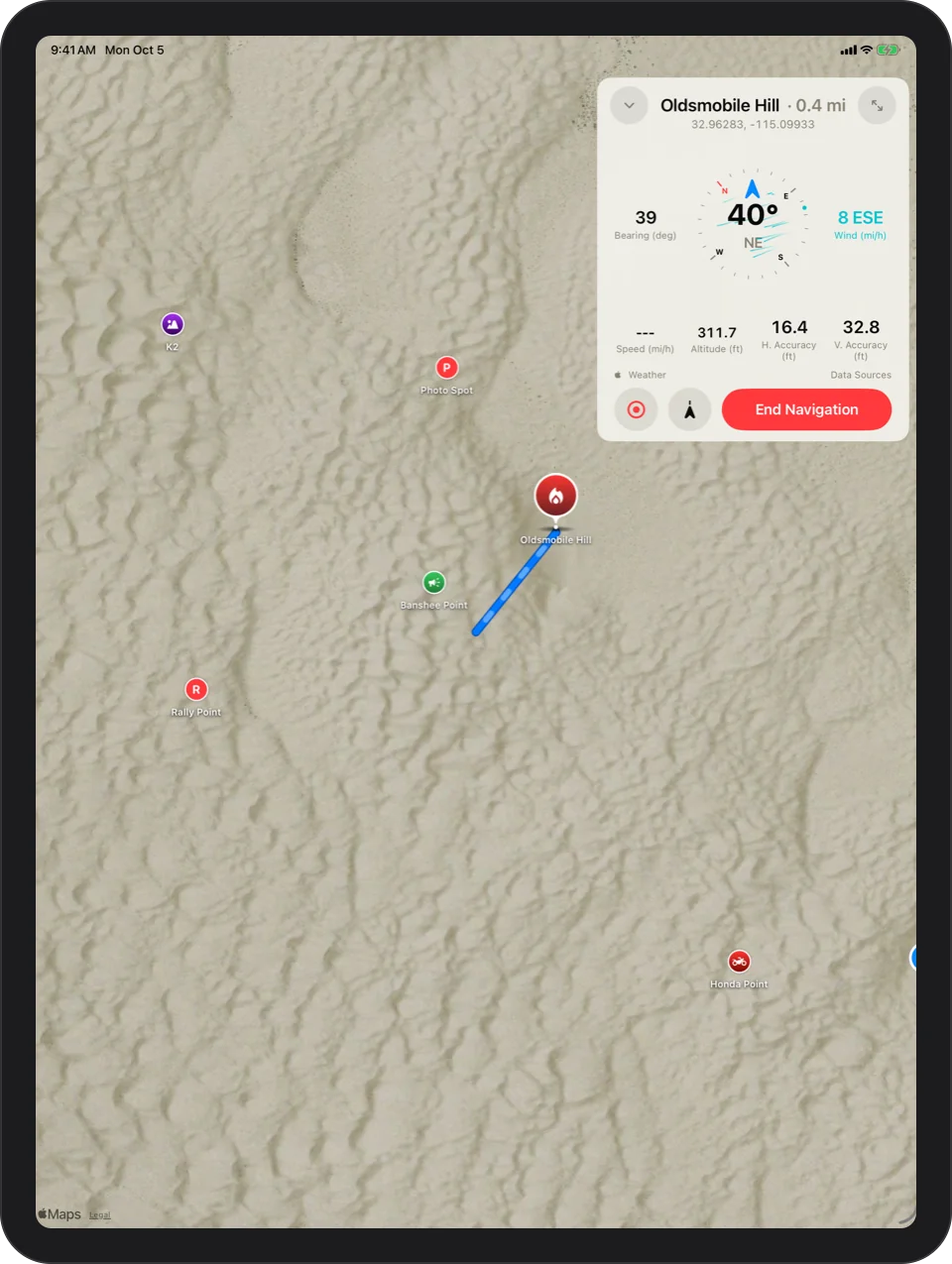 iPad: navigating to Oldsmobile Hill: a straight blue line across the map, a large compass with the heading, bearing, wind, speed and altitude readouts, and Course Up and End Navigation buttons