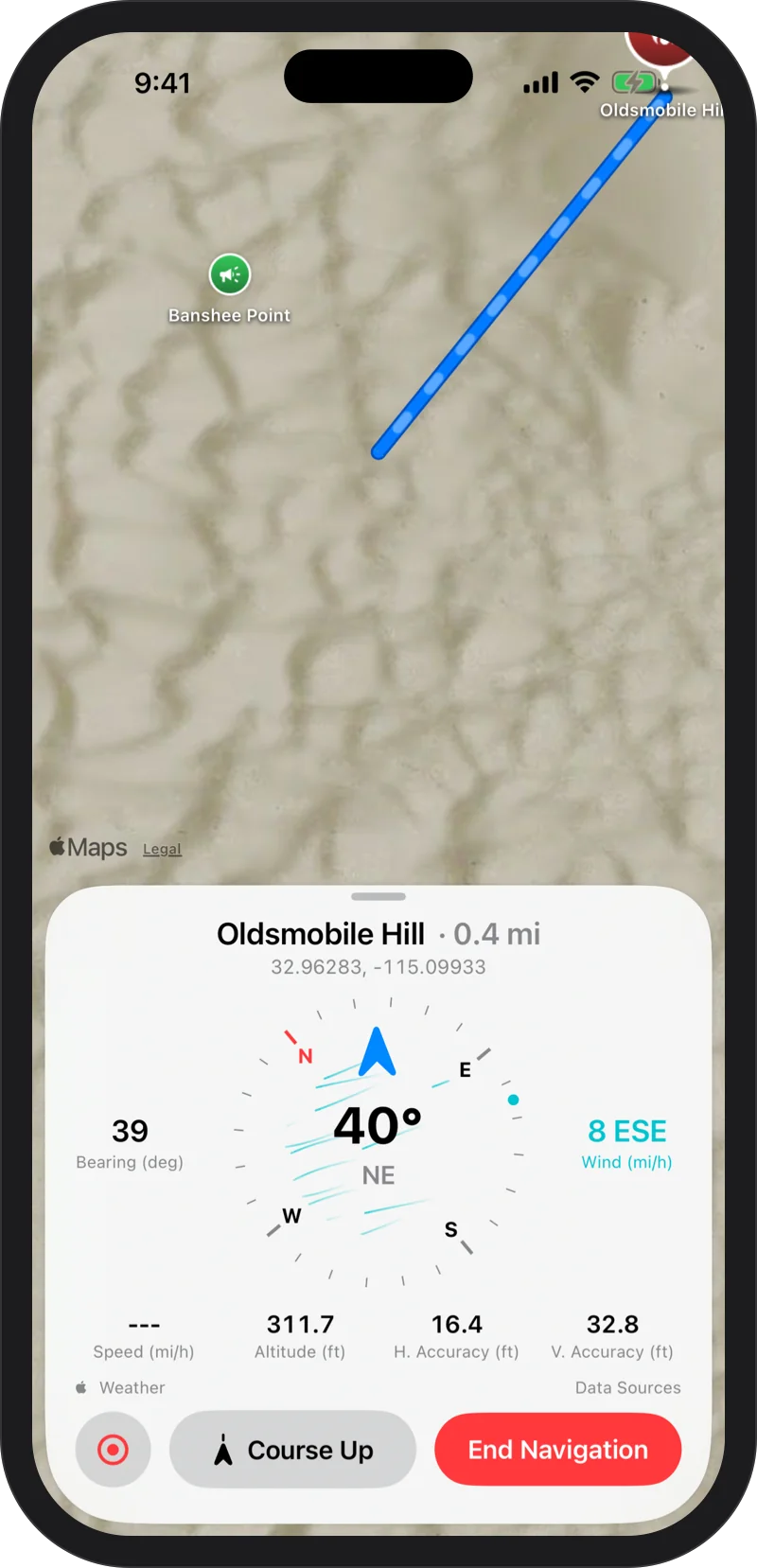 iPhone: navigating to Oldsmobile Hill: a straight blue line across the map, a large compass with the heading, bearing, wind, speed and altitude readouts, and Course Up and End Navigation buttons