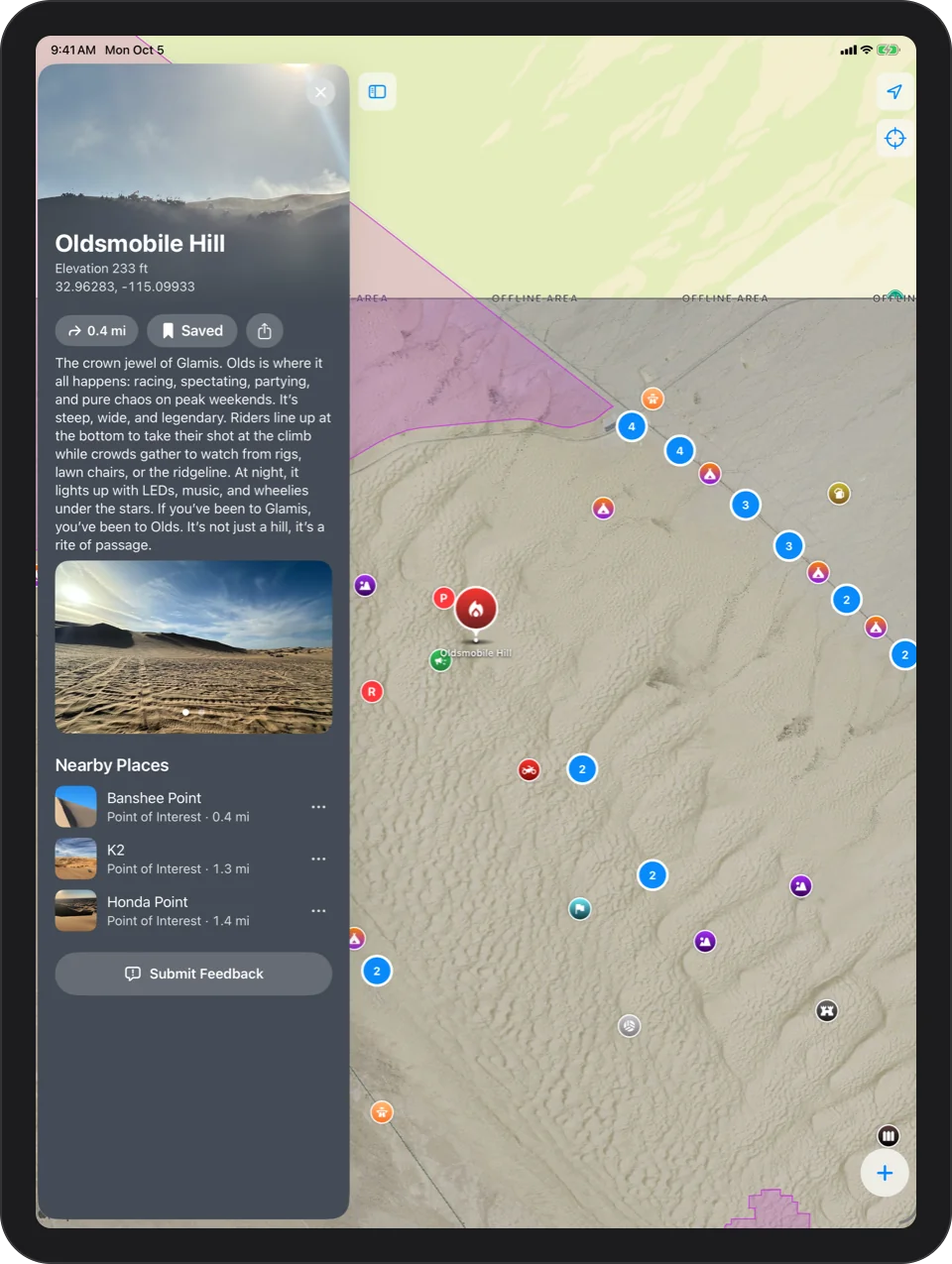 iPad: Oldsmobile Hill place card: a big photo, elevation, coordinates, live distance, and Directions, Save and Share buttons