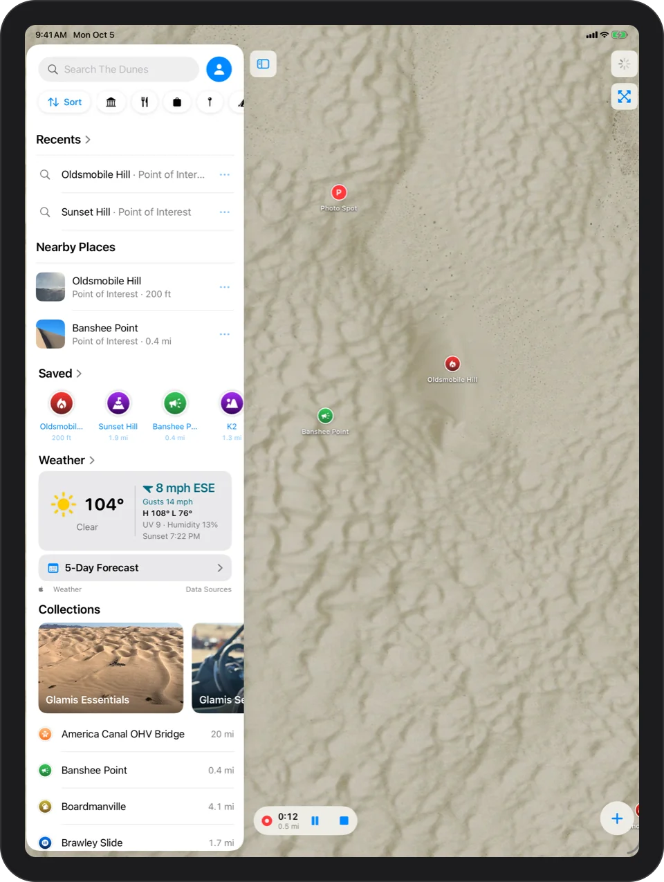 iPad: recording a track: a small readout over the map with moving time and distance and Pause and Stop buttons
