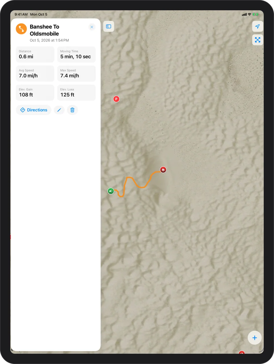 iPad: a track called Banshee To Oldsmobile drawn on the map, with distance, moving time, average and top speed, and climb and descent