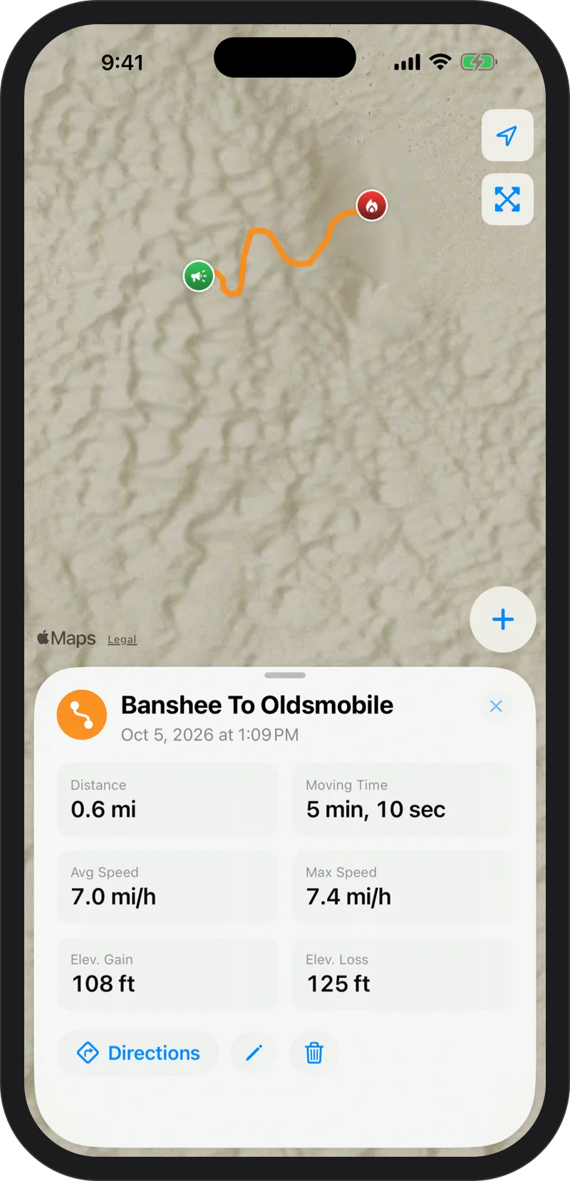 iPhone: a track called Banshee To Oldsmobile drawn on the map, with distance, moving time, average and top speed, and climb and descent