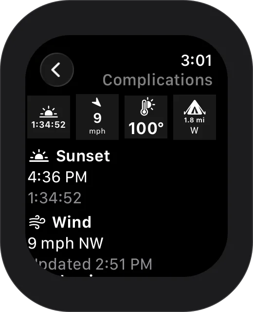 Apple Watch: the complications gallery: sunset countdown, wind, temperature and camp distance
