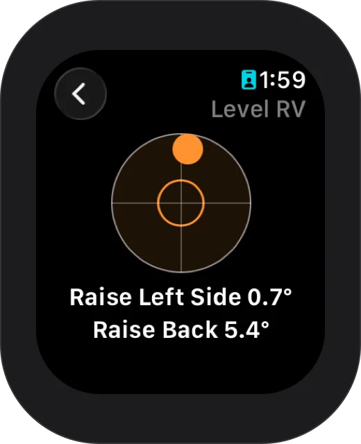 Apple Watch: Level RV with the bubble off center: Raise Left Side 0.7°, Raise Back 5.4°