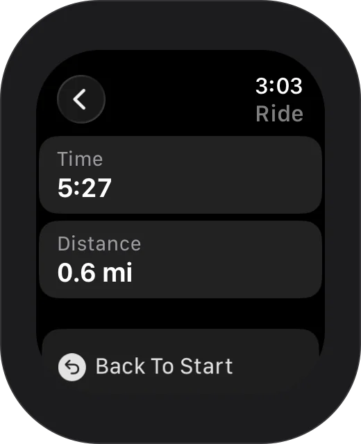 Apple Watch: a ride in progress with elapsed time, distance and Back To Start