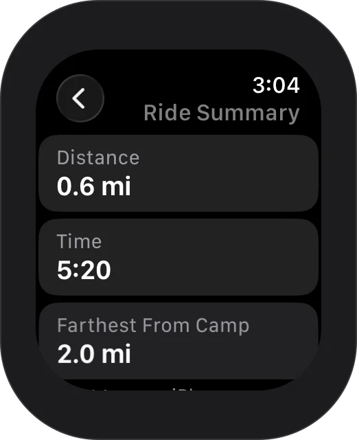 Apple Watch: the ride summary with distance, time and how far from camp