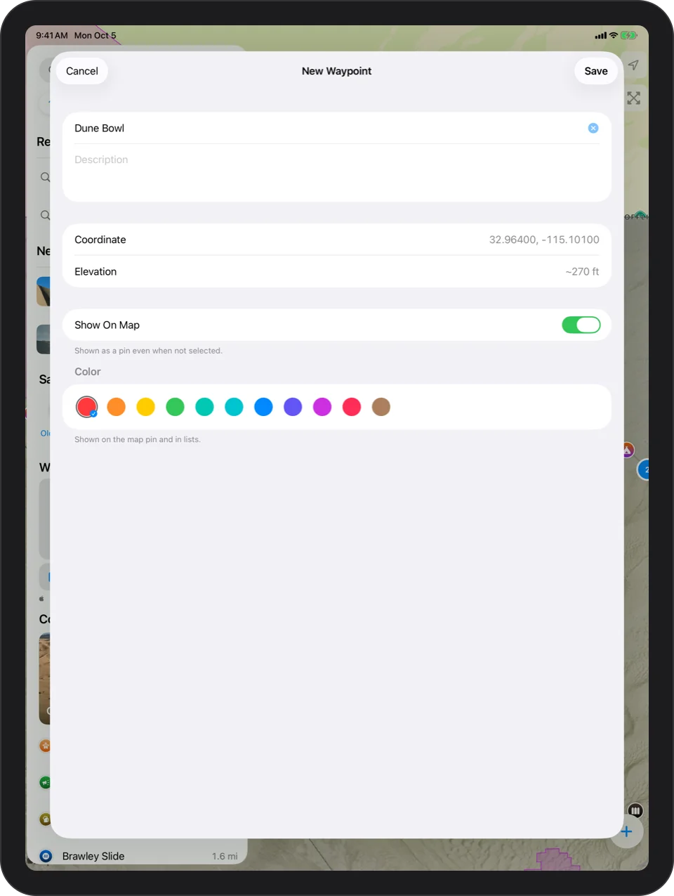 iPad: placing a waypoint: a pin on the map and the New Waypoint form with name, note and color