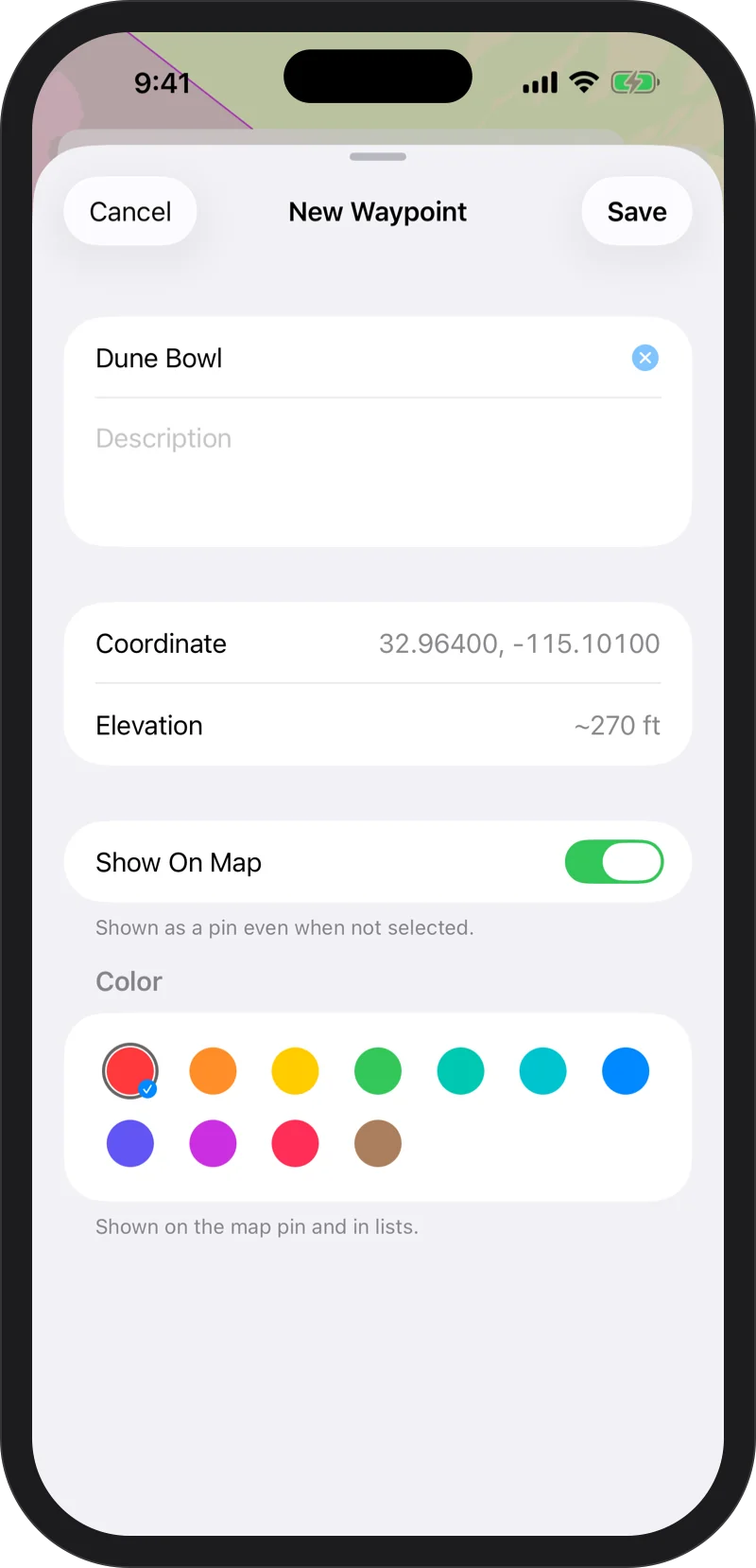 iPhone: placing a waypoint: a pin on the map and the New Waypoint form with name, note and color