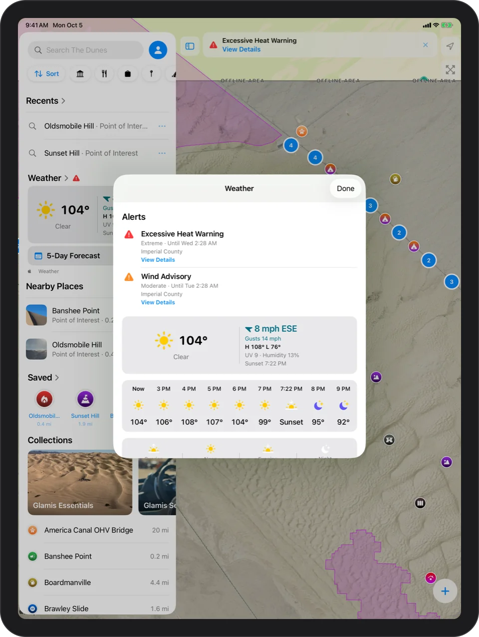 iPad: weather alerts: active National Weather Service alerts listed in the forecast sheet
