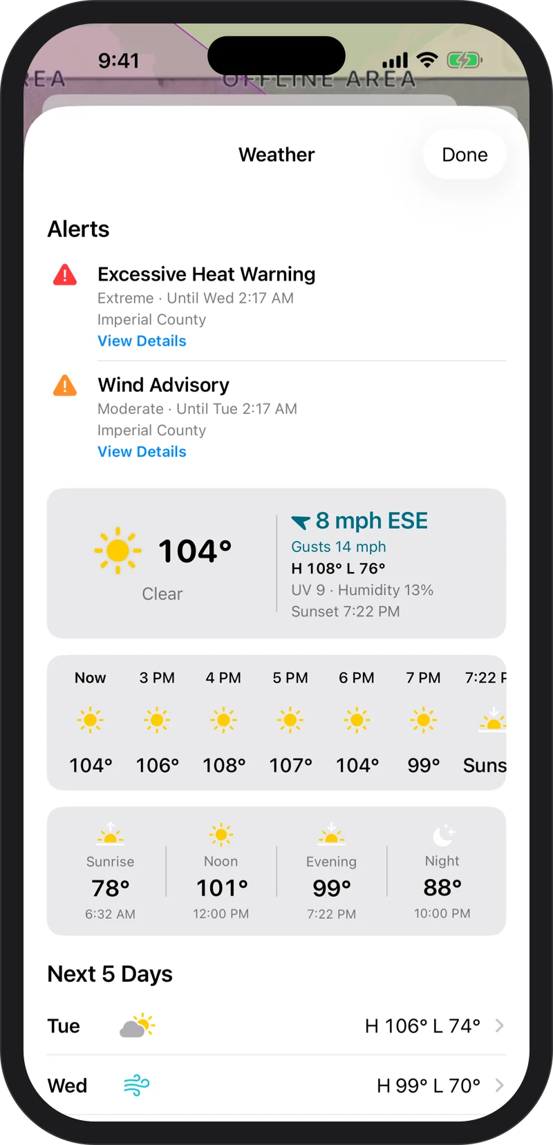 iPhone: weather alerts: active National Weather Service alerts listed in the forecast sheet