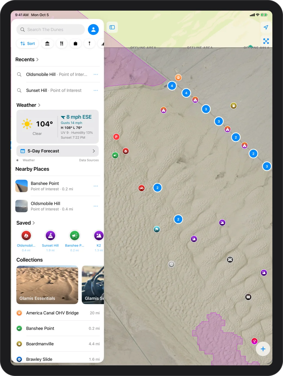 iPad: the Weather card on Explore: clear, 104°, wind 8 mph ESE with gusts, high and low, UV index, humidity and sunset time, with a 5-Day Forecast button