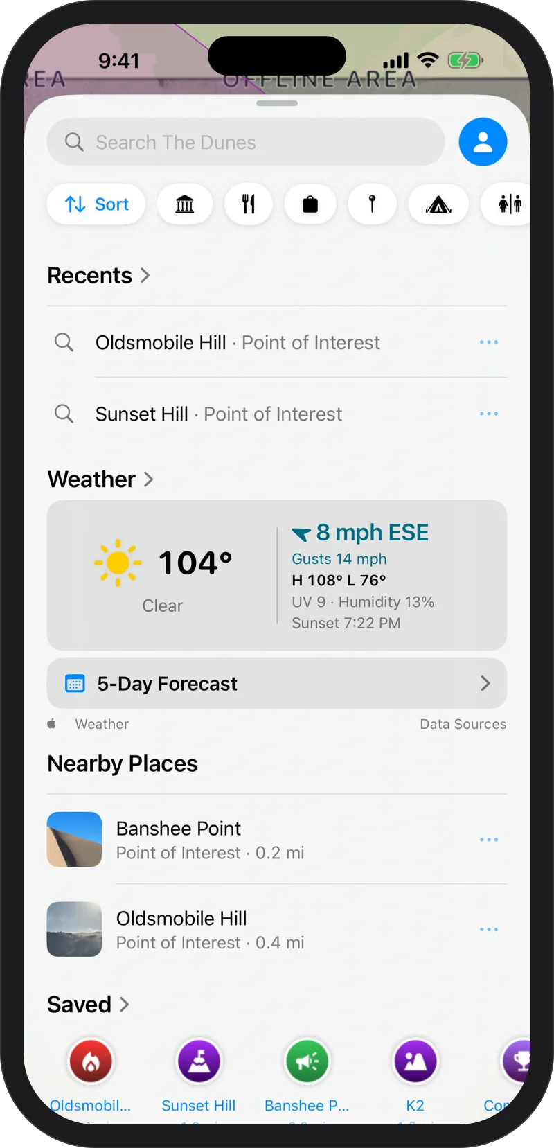 iPhone: the Weather card on Explore: clear, 104°, wind 8 mph ESE with gusts, high and low, UV index, humidity and sunset time, with a 5-Day Forecast button