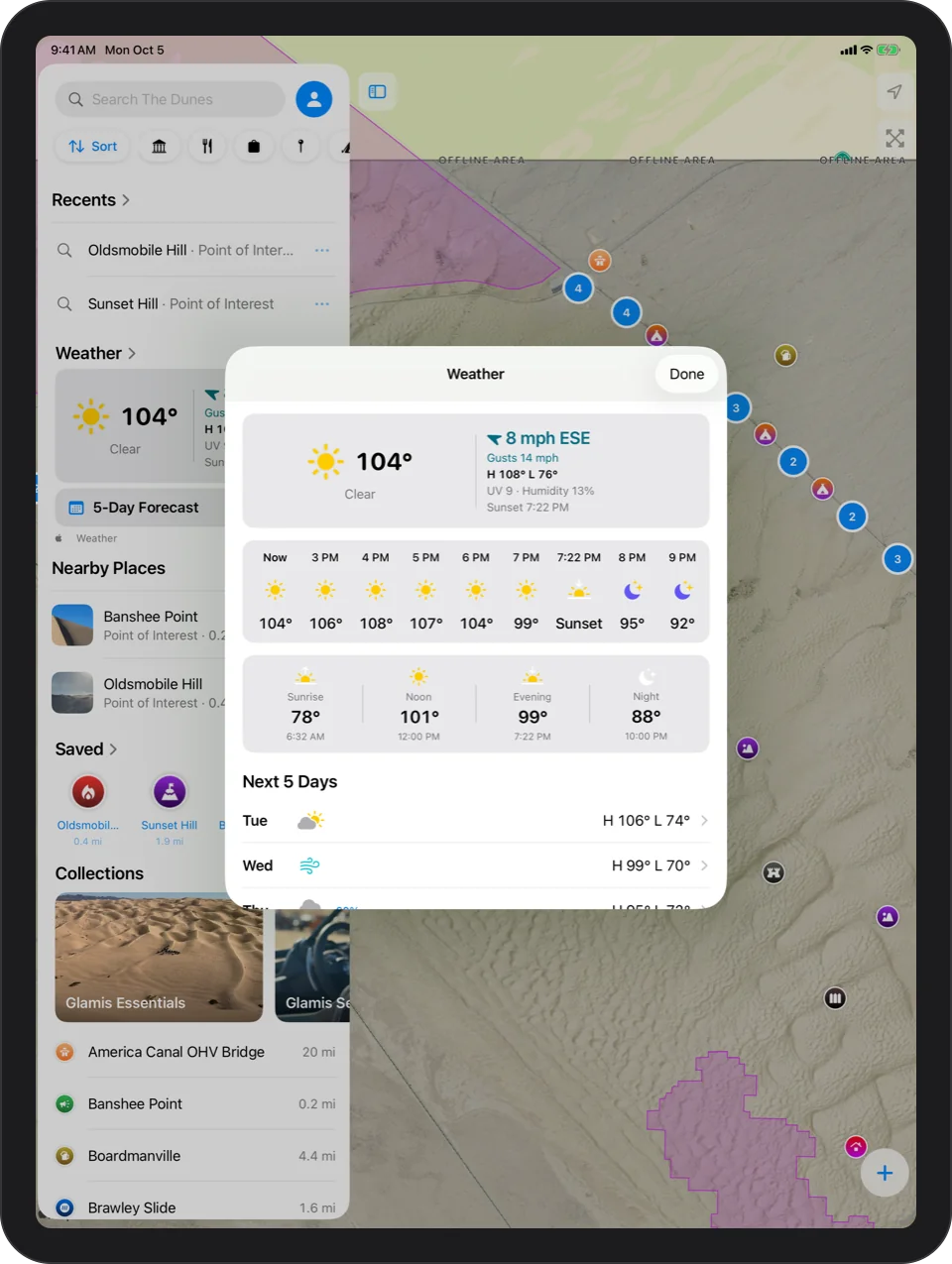 iPad: the 5-Day Forecast sheet: current conditions, hourly temperatures, Sunrise, Noon, Evening and Night, and the next five days
