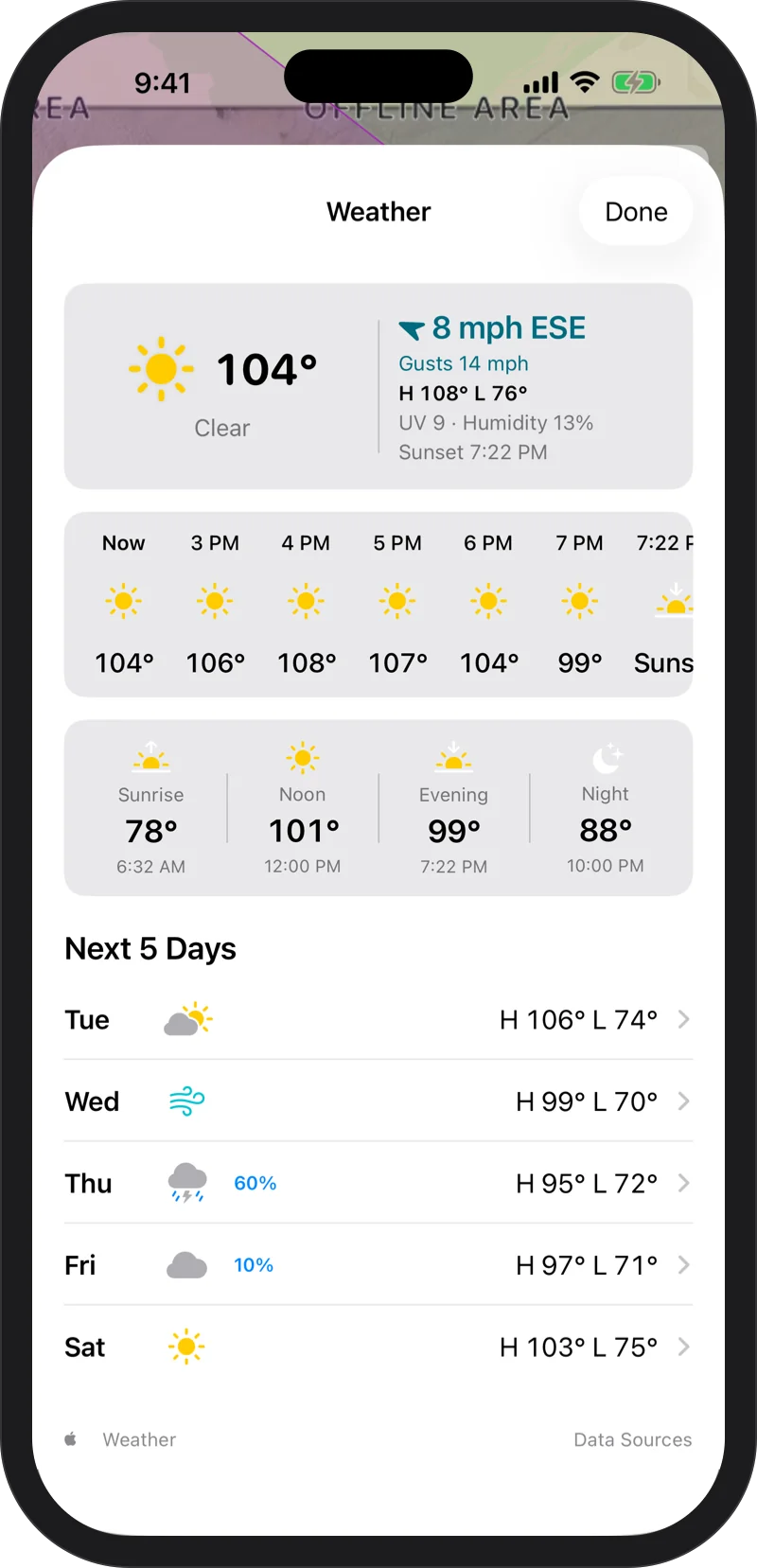 iPhone: the 5-Day Forecast sheet: current conditions, hourly temperatures, Sunrise, Noon, Evening and Night, and the next five days