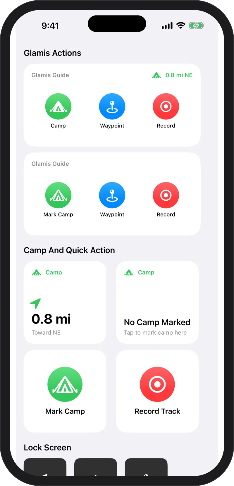 iPhone: Home Screen widgets: the medium Glamis Actions widget with Camp, Waypoint and Record, and the small Camp and Quick Action widgets